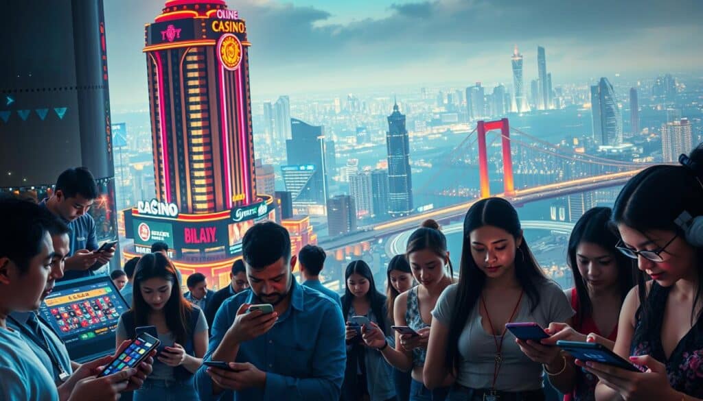 A bustling online casino scene, set against a sleek, futuristic cityscape. In the foreground, a group of people engaged in various casino games on their smartphones and tablets, their faces alight with the thrill of high-stakes betting. The middle ground features a towering, neon-lit casino building, its facade adorned with glowing signs and animated displays. The background is dominated by a sprawling metropolis, its skyscrapers and bridges illuminated by the glow of countless windows and streetlights, creating a dazzling, almost cyberpunk-inspired atmosphere. The overall scene conveys a sense of convenience, excitement, and the seamless integration of technology with the world of entertainment and gambling.