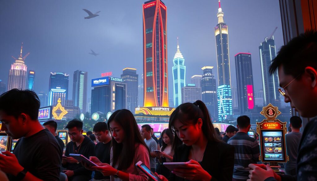 A bustling online casino scene set in a modern Taiwanese cityscape. In the foreground, a group of immersed players intently focused on their devices, their expressions a mix of concentration and excitement. The middle ground features the sleek, neon-lit exterior of a high-rise casino, its towering presence commanding attention. In the background, the vibrant nighttime skyline of Taipei shimmers, skyscrapers and landmarks illuminating the urban landscape. Soft, diffused lighting casts a warm, inviting glow over the entire composition, creating an atmosphere of anticipation and entertainment. The image conveys the preference and allure of online gambling among Taiwanese players, captured in a dynamic, visually striking manner.