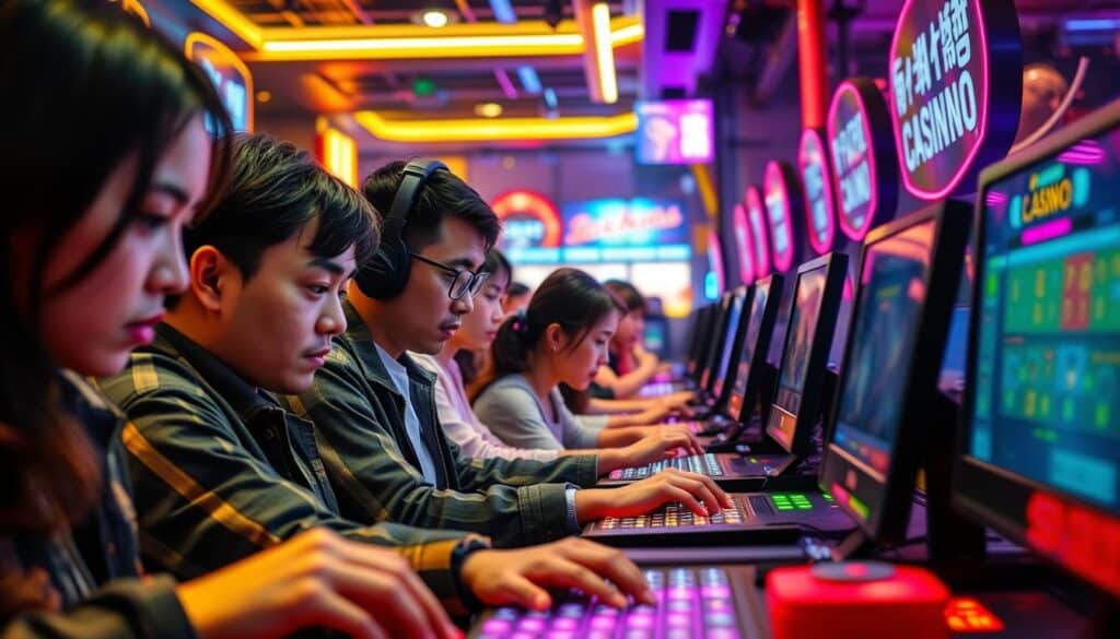 A bustling online casino scene, with Taiwanese players immersed in their gaming experience. The foreground features a group of individuals intently focused on their devices, their expressions a mix of concentration and anticipation. The middle ground showcases the alluring visuals of the casino's interface, with vibrant colors and sleek design elements that captivate the players. In the background, a sense of the virtual environment is conveyed, with subtle lighting and atmospheric details that enhance the sense of immersion. The overall mood is one of captivation and engagement, reflecting the careful considerations Taiwanese players make when choosing their online entertainment destinations.