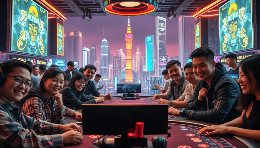 A bustling online casino scene, with Taiwanese players taking center stage. In the foreground, a group of enthusiastic gamblers gathered around a virtual table, their faces animated with excitement as they engage in a high-stakes game. The middle ground features a sleek, modern interface, with vibrant colors and dynamic visuals that immerse the players in the thrill of the experience. In the background, a cityscape emerges, with towering skyscrapers and neon lights, symbolizing the rise of Taiwan's online gaming industry. The lighting is warm and inviting, casting a glow over the proceedings, and the camera angle captures the scene from a slightly elevated perspective, conveying a sense of momentum and progress. The overall atmosphere is one of camaraderie, success, and the exhilaration of triumph in the digital realm.
