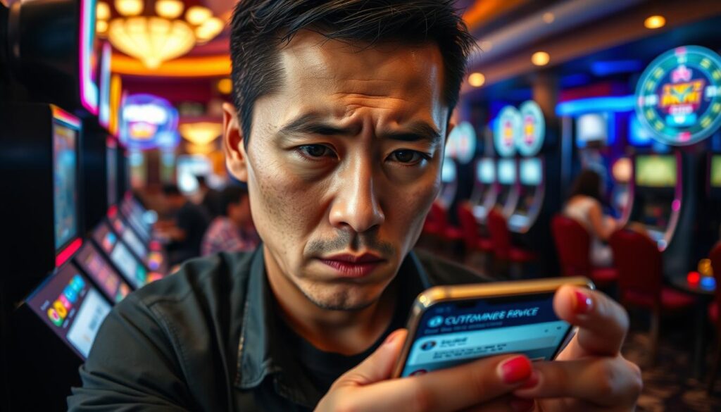 A bustling online casino scene, with a player anxiously awaiting a response from the customer service team. The player's face is etched with concern, their gaze fixed on a smartphone screen displaying a chat window. In the background, a blurred array of gaming tables, slot machines, and neon lights suggests the fast-paced, high-stakes environment of the virtual casino. The lighting is a mix of warm, inviting tones and cool, technological hues, creating a sense of tension and anticipation. The camera angle is slightly tilted, emphasizing the player's sense of unease and the urgency of the situation. The overall mood is one of heightened emotion, capturing the Taiwanese player's eagerness for a swift and effective response from the customer service team.