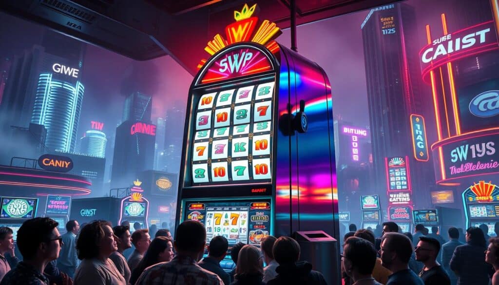 A bustling online casino scene with a towering, neon-lit slot machine as the central focus. The machine's reels spin hypnotically, the flashing lights and vibrant colors reflecting off the sleek, metallic surface. Around the machine, a crowd of eager players lean in, their faces alight with anticipation as they wait for the jackpot. The background is a hazy, atmospheric rendering of a modern cityscape, with skyscrapers and neon signs suggesting the energy and excitement of the digital gaming world. The lighting is dramatic, with shadows and highlights accentuating the dynamic tension of the scene. The overall mood is one of immersion, capturing the allure and popularity of online slot machine gameplay.