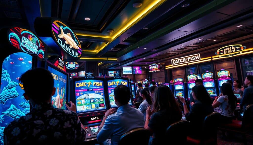 A bustling online casino scene, with a vibrant and immersive fishing game at the center. The foreground features a group of engaged players, their eyes fixed on the dynamic display as they expertly maneuver their virtual fishing rods, reeling in a variety of colorful aquatic creatures. The middle ground showcases the sleek and modern interface of the game, with intuitive controls and a visually striking underwater environment. In the background, a dimly lit, sophisticated casino setting provides a sense of atmosphere, with subtle neon accents and the faint sounds of slot machines and chatter. The overall scene conveys the addictive and thrilling nature of the popular "Catch Fish" game, captivating players and reflecting its growing popularity among Taiwanese online casino enthusiasts.