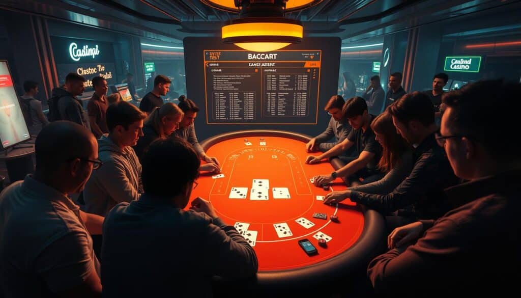 A bustling online casino scene, with players gathered around a virtual baccarat table. The table is illuminated by a warm, golden glow, casting a soft light on the players' faces as they intently watch the cards being dealt. In the background, a sleek, modern interface with a minimalist design showcases the game's various options and settings. The atmosphere is one of concentration and anticipation, with the sound of chips clinking and cards shuffling creating a sense of excitement. The camera angle captures the scene from a slightly elevated perspective, giving a panoramic view of the digital gambling experience.