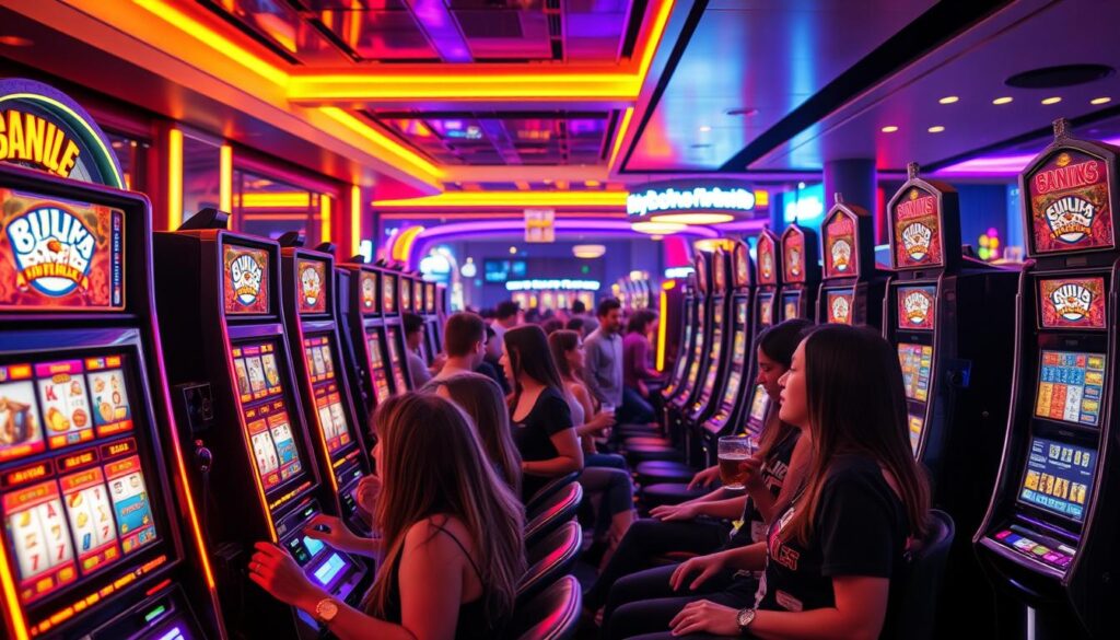 A bustling online casino scene, with the iconic slot machine game taking center stage. Warm, vibrant lighting illuminates the sleek, modern interior, creating an atmosphere of excitement and anticipation. Rows of slot machines, each with their distinctive designs and animations, capture the attention of players, their faces lit up by the mesmerizing flashing lights. In the foreground, a group of engaged players, their hands gripping the levers, eyes fixed on the spinning reels, eagerly awaiting the thrill of the jackpot. The background showcases the dynamic energy of the casino, with people mingling, drinks in hand, adding to the lively and immersive experience. Capture the irresistible allure of the slot machine game, a testament to its enduring popularity in the world of online entertainment.