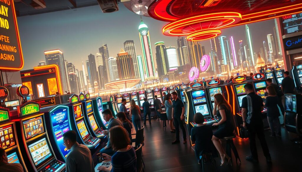 A bustling online casino set against a backdrop of neon lights and sleek digital interfaces. In the foreground, players immerse themselves in a variety of games, from slot machines to live dealer tables, their faces illuminated by the glow of screens. The middle ground showcases the casino's sophisticated branding and design, with clean lines, metallic accents, and dynamic motion graphics. In the background, a cityscape of towering skyscrapers and vibrant nightlife reflects the energy and growth of the thriving online gaming industry. The scene is bathed in a warm, futuristic lighting, creating an atmosphere of excitement, innovation, and the limitless possibilities of digital entertainment.