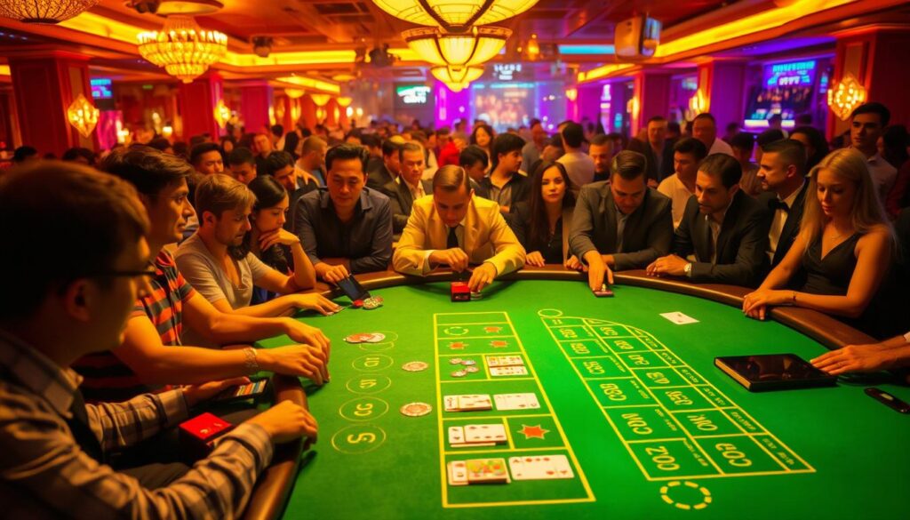 A bustling online casino table, illuminated by warm, ambient lighting. The focal point is a lavishly decorated baccarat table, its green felt surface inviting players to try their luck. The table is surrounded by a crowd of intrigued participants, their faces reflecting a mix of concentration and excitement. The scene is captured from a high angle, giving a sense of the table's popularity and the immersive atmosphere of the virtual gaming environment. The background is slightly blurred, drawing the viewer's attention to the central baccarat game and the engrossed players engaged in the thrilling action.