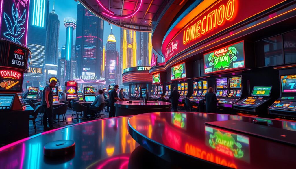 A bustling online casino, the centerpiece of an immersive digital entertainment hub. Neon-tinged symbols and sleek interfaces beckon players, inviting them to explore a world of thrilling games and vibrant visuals. Cascading jackpots, dynamic leaderboards, and a sense of community permeate the scene, creating an atmosphere of excitement and endless possibilities. Soft lighting accentuates the polished surfaces, while subtle hints of luxury and sophistication elevate the experience. In the background, a dynamic cityscape reflects the energy and allure of this innovative online entertainment destination.
