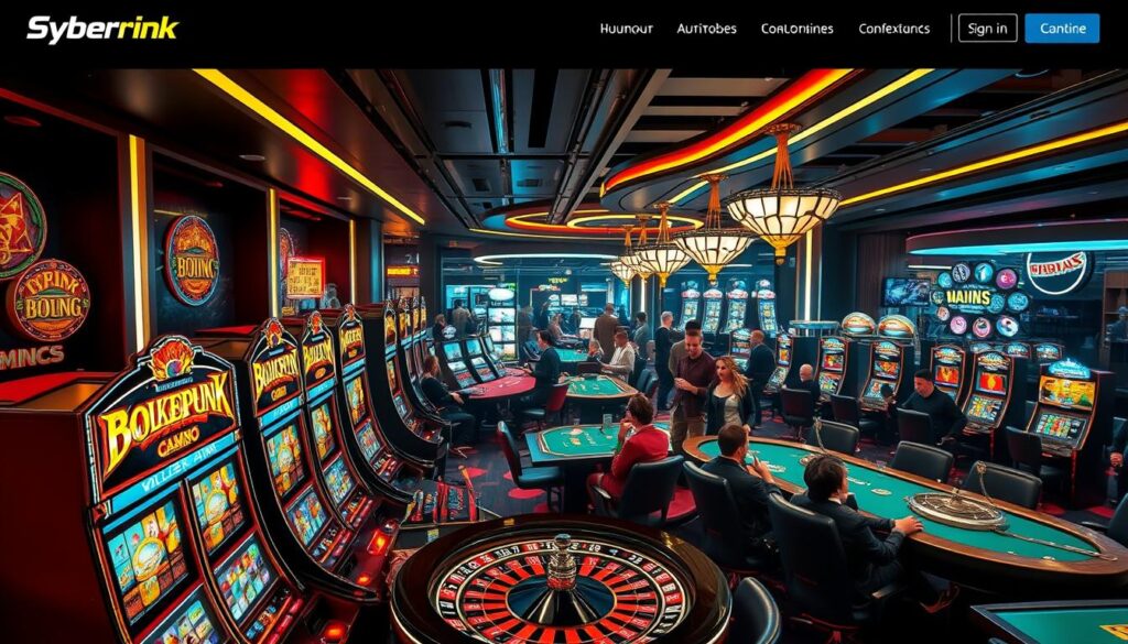 A bustling online casino website with a vibrant and engaging gaming atmosphere. In the foreground, a selection of the most popular and entertaining games, including slot machines, roulette, and card tables, all depicted with a high level of detail and visual appeal. The middle ground features an array of players immersed in the excitement of the games, their expressions and body language conveying the thrill of the experience. The background showcases a sleek and modern casino interior, with sophisticated lighting, elegant décor, and a sense of luxury and sophistication. The overall mood is one of excitement, anticipation, and the promise of lucrative rewards, creating a compelling and enticing invitation to explore the best online gaming experiences.