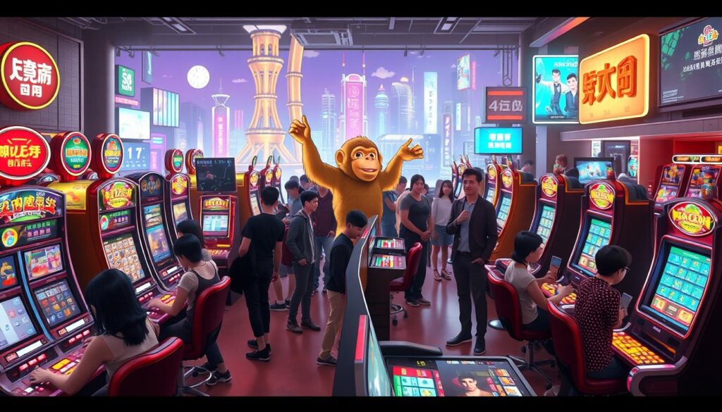 A bustling online casino with a golden monkey mascot, the 金猴爺娛樂城 offers an immersive, interactive gaming experience. In the foreground, players engage in lively table games, their faces lit by the warm glow of slot machines and LED screens. The middle ground showcases a vibrant lobby, with groups of friends gathered around digital terminals, their animated expressions and gestures conveying a sense of camaraderie. In the background, a futuristic skyline of neon-lit towers and digital billboards creates an atmosphere of high-tech excitement. The scene is bathed in a soft, diffuse lighting that enhances the sense of depth and atmosphere, capturing the dynamic, social nature of this cutting-edge Taiwanese gaming platform.