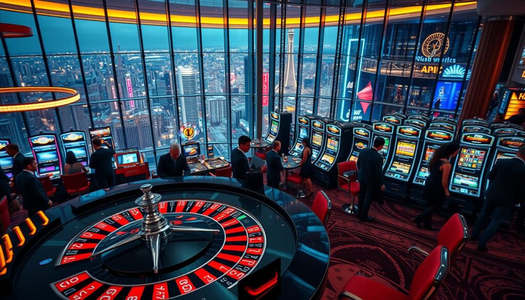 A bustling online casino with a modern, dynamic atmosphere. In the foreground, a sleek roulette table with gleaming chrome and glass accents, surrounded by smartly dressed players engaged in the game. In the middle ground, rows of slot machines with vibrant, neon-lit displays beckon to players. In the background, a towering glass facade offers sweeping views of a lively metropolis, conveying a sense of urban excitement. The lighting is warm and inviting, creating a sense of sophistication and high-stakes thrills. The camera angle is slightly elevated, giving an overhead perspective that captures the energy and scale of the casino floor. Overall, the image suggests a thriving, technologically advanced online gambling landscape that caters to the discerning tastes of modern players.