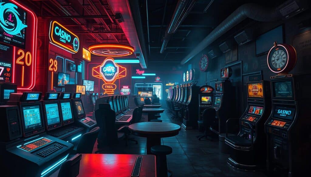 A bustling online casino with neon lights and sleek digital interfaces contrasted against the dimly lit, smoky atmosphere of a traditional brick-and-mortar gambling establishment. The online scene showcases vibrant holograms, immersive virtual reality, and state-of-the-art gaming terminals, while the offline counterpart features worn-down tables, vintage slot machines, and the hustle and bustle of in-person interactions. The online casino exudes a futuristic, high-tech ambiance, while the traditional casino radiates a nostalgic, old-world charm. Both offer thrilling experiences, but cater to distinct preferences and lifestyles of modern gamblers. Crisp, cinematic lighting highlights the contrasting moods and aesthetics of these two gaming worlds.