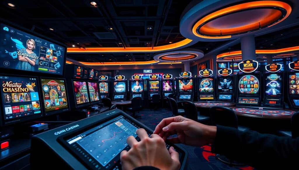 A bustling online casino, with sleek and modern game interfaces displayed on high-resolution screens. In the foreground, a player's hands navigating the intuitive controls, their focus intense as they strategize their next move. The middle ground showcases a variety of popular casino games, each with their own distinct visual styles and themes. The background depicts the virtual environment, with subtle lighting and clean, minimalist design elements that create a sense of sophistication and immersion. The overall atmosphere conveys a balance of excitement, professionalism, and the thrill of potentially lucrative gameplay.