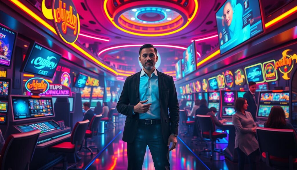 A bustling online entertainment casino floor, with a central customer service agent standing amidst a sea of digital displays and holographic interfaces. The agent radiates a reassuring presence, ready to assist players with unwavering attention and expertise. The environment is bathed in a vibrant, neon-tinged ambiance, creating a futuristic, immersive atmosphere. Sleek, curved architectural elements and dynamic lighting accentuate the importance of the customer service role in this high-tech gaming ecosystem. The scene conveys the critical nature of player support, facilitating seamless interactions and enriching the overall entertainment experience within the virtual casino.