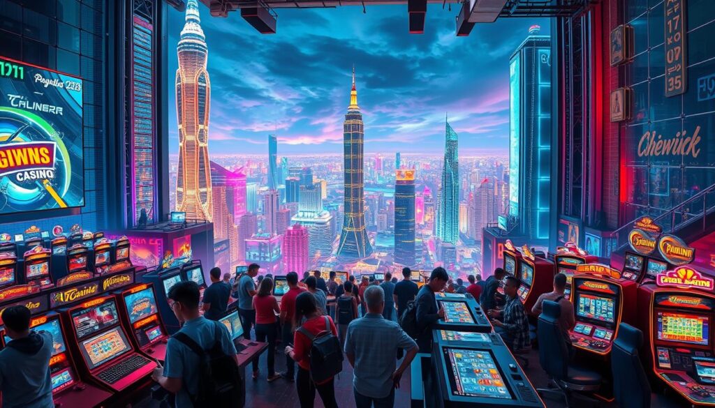 A bustling online entertainment hub, featuring a vibrant neon-lit cityscape with towering skyscrapers and state-of-the-art gaming facilities. In the foreground, a group of enthusiastic Taiwanese players engage in immersive virtual casino experiences, surrounded by sleek, modern interiors and high-tech gaming stations. The middle ground showcases a vast array of digital entertainment options, from live-streamed sports events to interactive multiplayer games. In the background, a panoramic view of the city skyline, with its iconic landmarks and futuristic architecture, creates a sense of urban sophistication and technological advancement. The overall atmosphere conveys a thriving, dynamic, and technologically-savvy online entertainment landscape tailored to the preferences of the Taiwanese gaming community.
