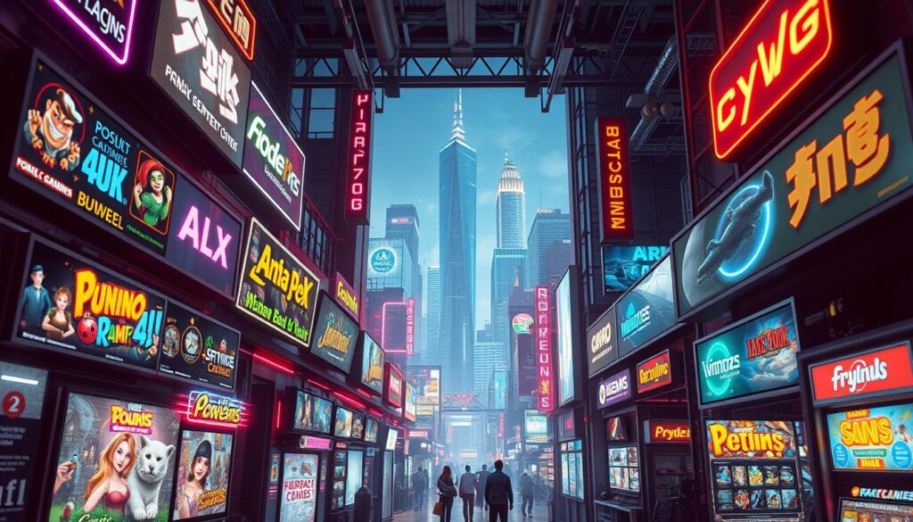 A bustling online entertainment hub, framed by neon-lit signage and sleek interfaces. In the foreground, a variety of game thumbnails and icons beckon, each promising thrilling experiences. The middle ground showcases a diverse array of gaming options, from classic casino games to cutting-edge virtual reality experiences. The background depicts a cityscape of towering skyscrapers, reflecting the dynamic and ever-evolving nature of the digital entertainment landscape. Soft, warm lighting casts a welcoming glow, inviting players to immerse themselves in a world of endless possibilities. The overall atmosphere exudes a sense of excitement, sophistication, and the promise of endless entertainment at one's fingertips.