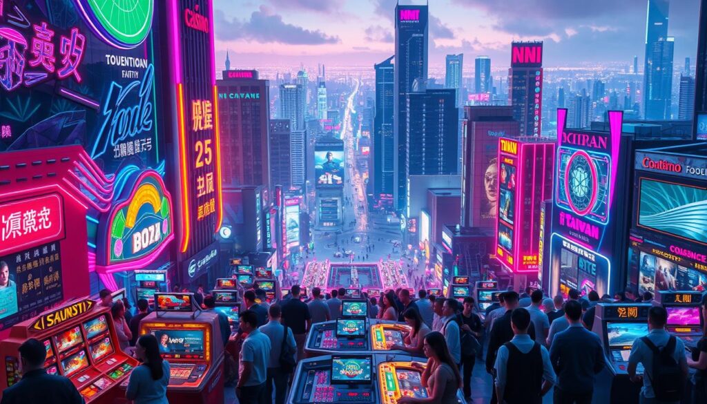 A bustling online entertainment hub in Taiwan, featuring a digital landscape of vibrant neon lights, sleek casino facades, and the lively energy of a thriving metropolis. In the foreground, a group of enthusiastic players gather around virtual gaming tables, immersed in the excitement of live-streamed casino games. The middle ground showcases the diverse range of interactive entertainment options, from immersive virtual sports experiences to cutting-edge esports tournaments. In the background, a sprawling cityscape of modern skyscrapers and bustling streets sets the scene, evoking the dynamic and technologically advanced nature of Taiwan's online entertainment landscape. The overall atmosphere is one of excitement, innovation, and the seamless integration of digital and physical entertainment.