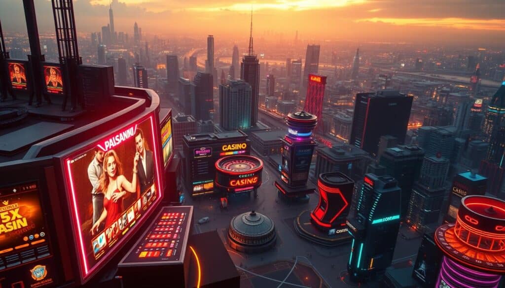 A bustling online entertainment landscape, a panoramic view of the digital frontier. In the foreground, sleek and modern casino interfaces, vibrant neon lights beckoning players to explore the thrilling world of online gambling. In the middle ground, data visualizations and analytics dashboards, showcasing the rapid growth and evolving trends in the industry. In the background, a cityscape of skyscrapers and tech hubs, representing the technological advancements fueling this digital entertainment revolution. The scene is bathed in a warm, golden glow, conveying a sense of prosperity and innovation. The overall atmosphere is one of excitement, innovation, and the ever-changing nature of the online entertainment ecosystem.