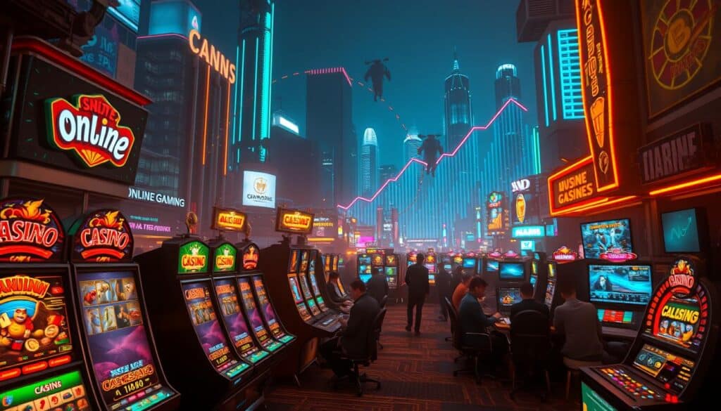 A bustling online gambling market, illuminated by a neon glow. In the foreground, a series of vibrant, animated casino games beckoning players to join the fray. In the middle ground, a data visualization displays the soaring trajectory of the industry, charts and graphs painting a picture of rapid growth. The background is shrouded in a sense of mystery, with towering skyscrapers and the faint silhouettes of players immersed in their digital pursuits. The overall atmosphere evokes a dynamic, fast-paced world of online entertainment, where the thrill of the gamble captivates and propels the market forward. Captured with a wide-angle lens and warm, saturated lighting to heighten the sense of energy and anticipation.