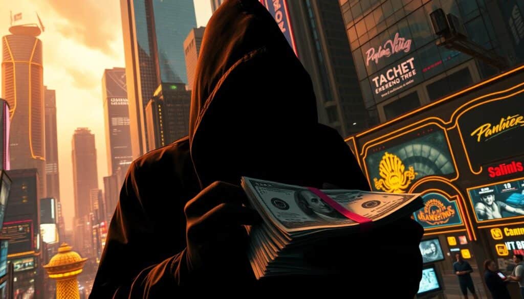 A bustling online gambling market, with towering skyscrapers and neon-lit casinos dominating the skyline. In the foreground, a shadowy figure counting stacks of cash, hinting at the lucrative yet murky world of illegal gambling operations. The scene is bathed in a warm, golden glow, creating an air of opulence and temptation, with a sense of danger lurking beneath the surface. The camera angles shift, capturing the scale and complexity of this expanding market, while the mood evokes the allure and risks that draw unsuspecting players into its clutches. Subtle details, such as security cameras and surveillance screens, hint at the layers of deception and the need for heightened vigilance.