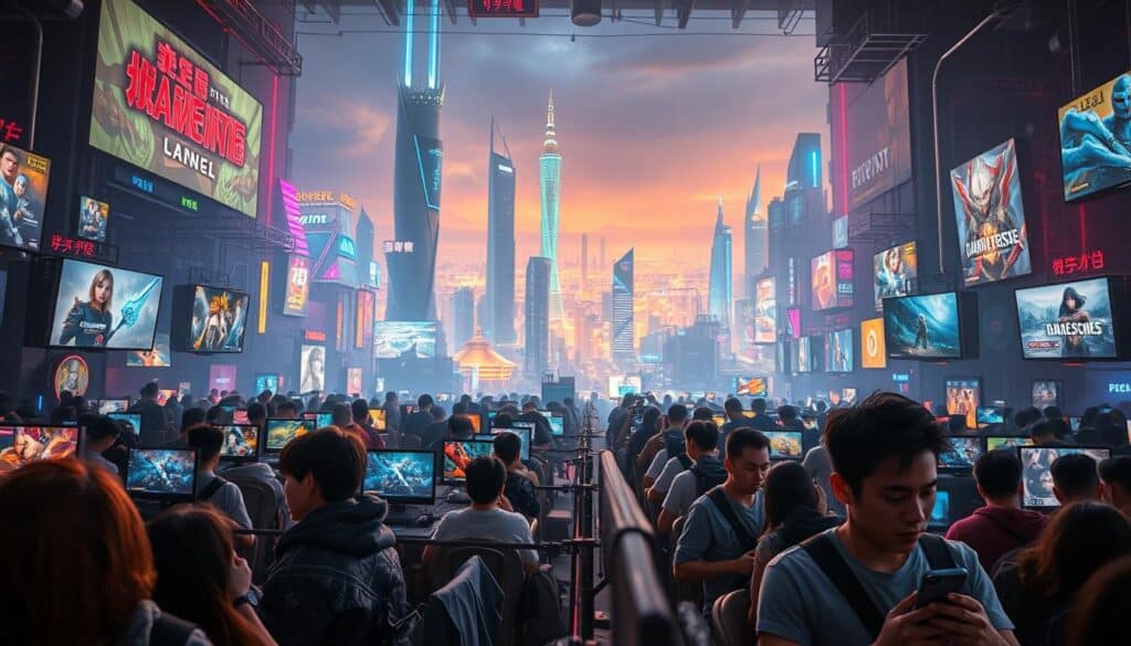 A bustling online gaming arena, filled with vibrant energy and captivating visuals. In the foreground, players immerse themselves in a variety of popular titles, their faces illuminated by the glow of their screens. The middle ground features larger-than-life avatars and characters, each with their distinct designs and abilities. The background showcases a dynamic, futuristic cityscape, with towering skyscrapers and neon-lit landscapes, creating a sense of a thriving, technologically advanced digital world. Lighting is soft and diffused, with warm hues that evoke a inviting and immersive atmosphere. The overall scene conveys the joy, excitement, and popularity of the top online games that have captivated Taiwanese players.