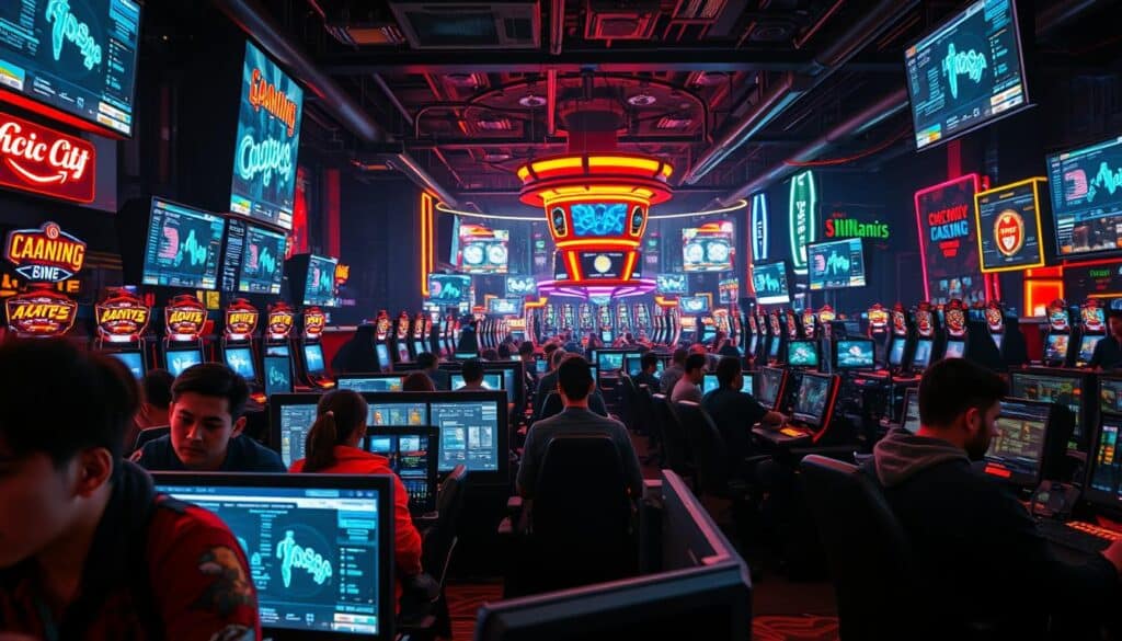 A bustling online gaming casino, its vibrant neon lights casting a warm glow over the scene. In the foreground, a group of players intently focused on their screens, their expressions ranging from intense concentration to gleeful triumph. The middle ground reveals a sea of gaming stations, each one occupied by an individual deeply immersed in their digital pursuits. In the background, a panoramic view of the casino's sprawling layout, with towering screens displaying real-time data and analytics, offering insights into the players' behavior and preferences. The image is captured with a cinematic, wide-angle lens, using warm, inviting lighting to create a sense of energy and excitement within the space.