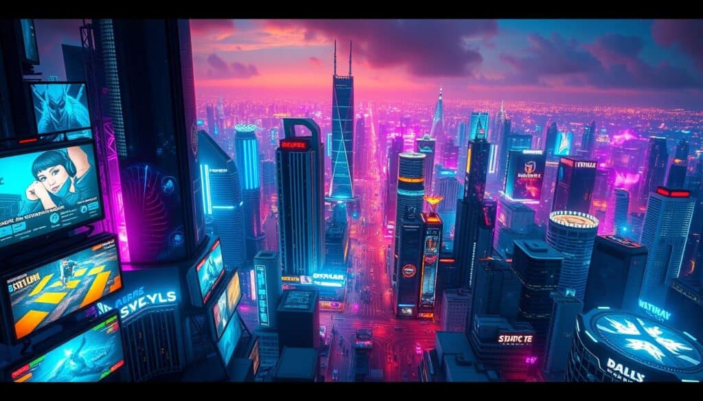 A bustling online gaming metropolis, alive with the luminous glow of digital entertainment. In the foreground, a vibrant array of interactive game interfaces, beckoning players to immerse themselves in a world of possibility. The middle ground is a dazzling skyline of cutting-edge gaming platforms, each tower a beacon of innovation. In the background, a stunning landscape of neon-hued cityscapes, pulsing with the energy of a thriving virtual economy. The scene is bathed in a warm, cinematic lighting, capturing the allure and potential of the online gaming industry. Captured through a wide-angle lens, this image conveys the scale, dynamism, and boundless opportunities of the booming online entertainment market.