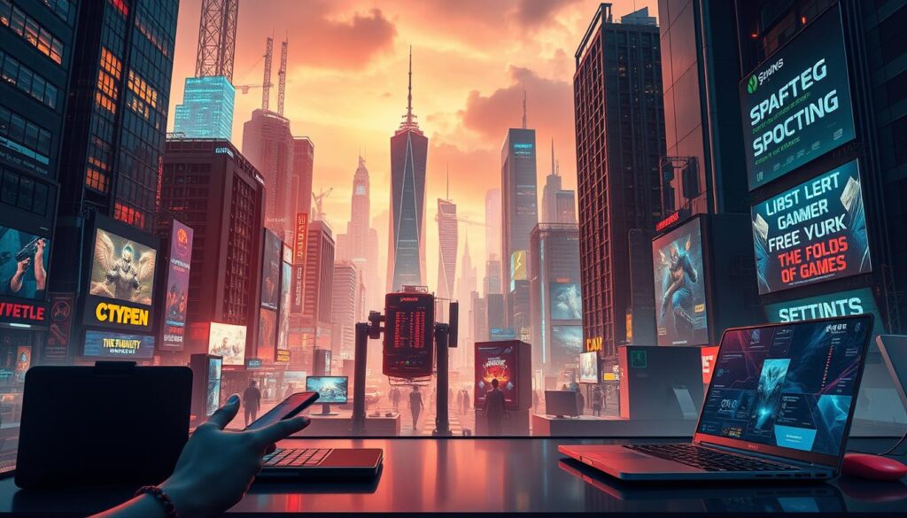 A bustling online gaming metropolis emerges, its neon-lit skyline reflecting the dynamic growth of the industry. In the foreground, sleek mobile devices and laptops showcase the convenience of cashless transactions, while the middle ground features a diverse array of gaming platforms and interfaces. In the background, data servers and cloud infrastructure hint at the technological advancements powering the seamless online experience. The scene is bathed in a warm, futuristic glow, conveying the sense of a thriving, cutting-edge entertainment landscape catering to the evolving needs and preferences of modern gamers.
