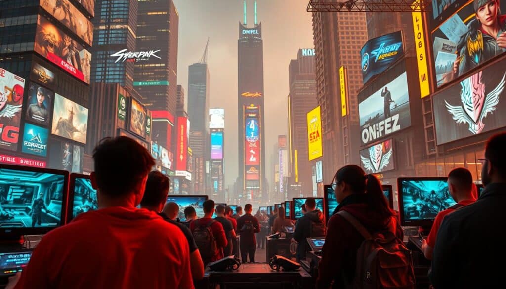 A bustling online gaming platform set against a vibrant cityscape. In the foreground, gaming enthusiasts engage with sleek, futuristic interfaces, their faces illuminated by the glow of screens. The middle ground showcases the platform's diverse offerings, from multiplayer battle arenas to immersive role-playing experiences. In the background, towering skyscrapers and neon-lit billboards reflect the pulse of the modern, tech-savvy market. Warm, diffused lighting casts a welcoming atmosphere, inviting players to dive into the thrilling world of high-end, professional online entertainment.