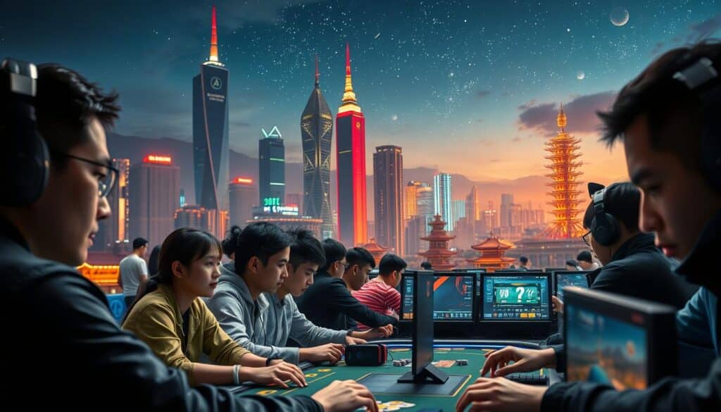 A bustling online poker scene in Taiwan, set against a vibrant cityscape. In the foreground, players at a virtual table, their faces illuminated by the glow of computer screens, deep in concentration as they strategize their next moves. The middle ground features a blend of modern skyscrapers and traditional Taiwanese architecture, reflecting the country's technological advancements and cultural heritage. In the background, a scenic night sky with twinkling stars, casting a warm, inviting atmosphere over the thriving online poker community. Soft, directional lighting creates depth and highlights the dynamic energy of the scene. Captured with a wide-angle lens to showcase the comprehensive scope of this burgeoning digital gaming landscape.