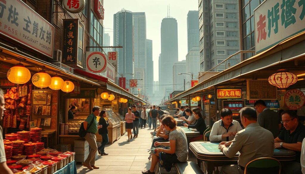 A bustling open-air market in Taiwan, the Baccarat Market is a hub of activity and energy. In the foreground, stalls selling traditional Taiwanese snacks and delicacies line the streets, their vibrant displays and enticing aromas drawing in curious passersby. In the middle ground, seasoned baccarat players gather around tables, engaged in intense games, their expressions a mix of concentration and anticipation. In the background, the towering high-rises of the city skyline provide a modern contrast to the timeless atmosphere of the market. Warm, golden sunlight filters through the scene, creating a lively and authentic atmosphere that captures the essence of the Taiwanese baccarat experience.
