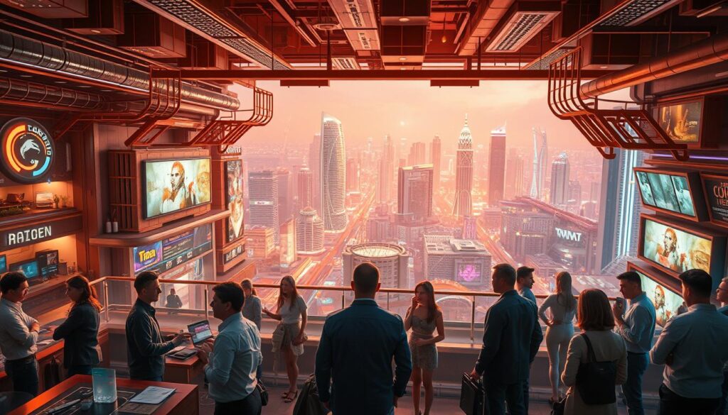 A bustling public-private partnership (PPP) hub within a vibrant entertainment city. In the foreground, government officials and private sector leaders engage in lively discussions, negotiating agreements and overseeing the seamless integration of public resources and private expertise. The middle ground showcases modern amenities and cutting-edge technologies, reflecting the synergy between the public and private domains. In the background, a panoramic view of the entertainment city's skyline, complete with dazzling high-rises, neon lights, and a pulsing energy that captures the essence of this dynamic collaboration. The scene is illuminated by warm, golden lighting, creating a sense of optimism and progress as the public and private sectors work in harmony to shape the future of the entertainment industry.