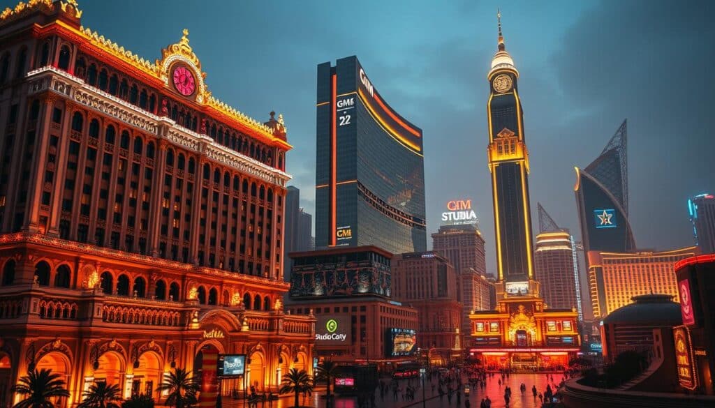 A bustling scene of Macau's premier casinos, illuminated by the warm glow of neon lights and the glittering reflections of the city's skyline. The towering facade of the Venetian Macao dominates the foreground, its ornate architecture and iconic gondola-lined canals meticulously rendered. In the middle ground, the MGM Cotai and Studio City's distinctive structures stand tall, their modern designs complementing the opulent grandeur of the surrounding casinos. The background is filled with the silhouettes of other famous Macau landmarks, from the iconic Ruins of St. Paul's to the undulating curves of the Grand Lisboa. The atmosphere is one of excitement and anticipation, capturing the essence of Macau's vibrant gaming culture.