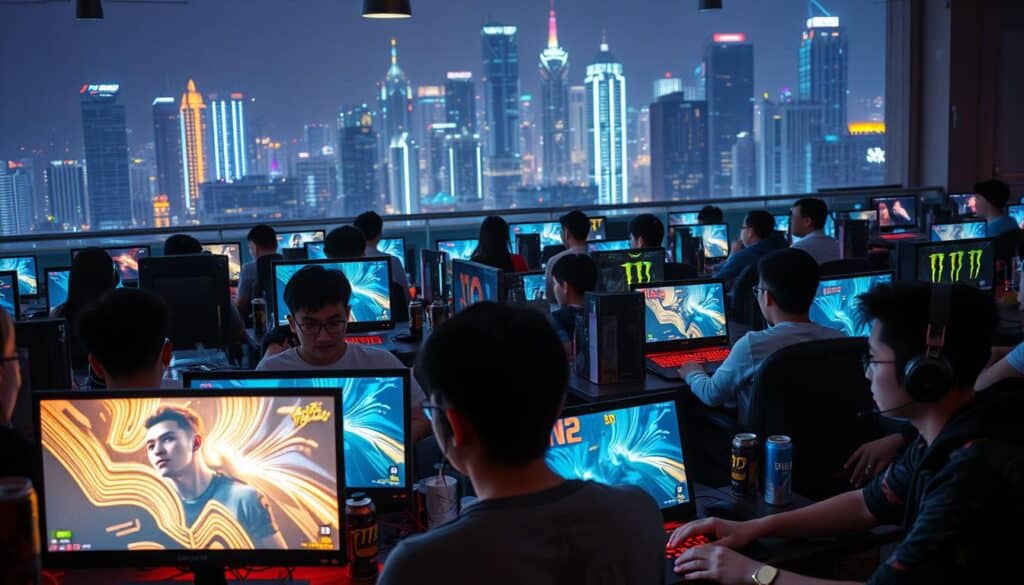 A bustling scene of Taiwanese gamers immersed in their online gaming experiences. In the foreground, a group of young adults sit together, their faces illuminated by the glow of their screens as they strategize and compete. The middle ground features a diverse array of gaming setups, from sleek desktops to vibrant gaming laptops, surrounded by energy drinks and snacks. In the background, a skyline of modern high-rises reflects the urban, tech-savvy nature of Taiwan's gaming community. The lighting is a warm, ambient glow, creating a cozy and focused atmosphere. The overall composition conveys the passion, camaraderie, and dedication of Taiwanese gamers as they immerse themselves in their preferred online games.