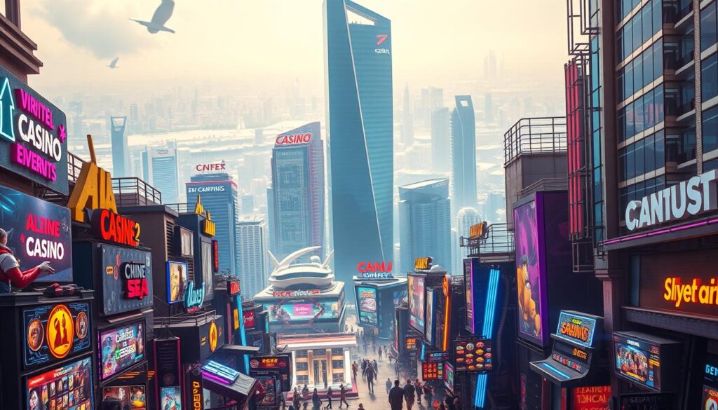 A bustling scene of an online entertainment city's development, rendered in a vibrant and dynamic composition. In the foreground, a dazzling array of neon lights and holographic displays showcase the latest virtual casino games, alluring potential players. In the middle ground, towering skyscrapers with sleek, futuristic architecture house the headquarters of leading online gaming companies, their facades adorned with bold, eye-catching branding. The background is a sweeping cityscape, with a mix of traditional and modern structures, reflecting the rapid evolution of the industry. The scene is bathed in a warm, golden glow, creating a sense of excitement and prosperity. The overall atmosphere conveys the rapid growth and innovation driving the online entertainment city's development.