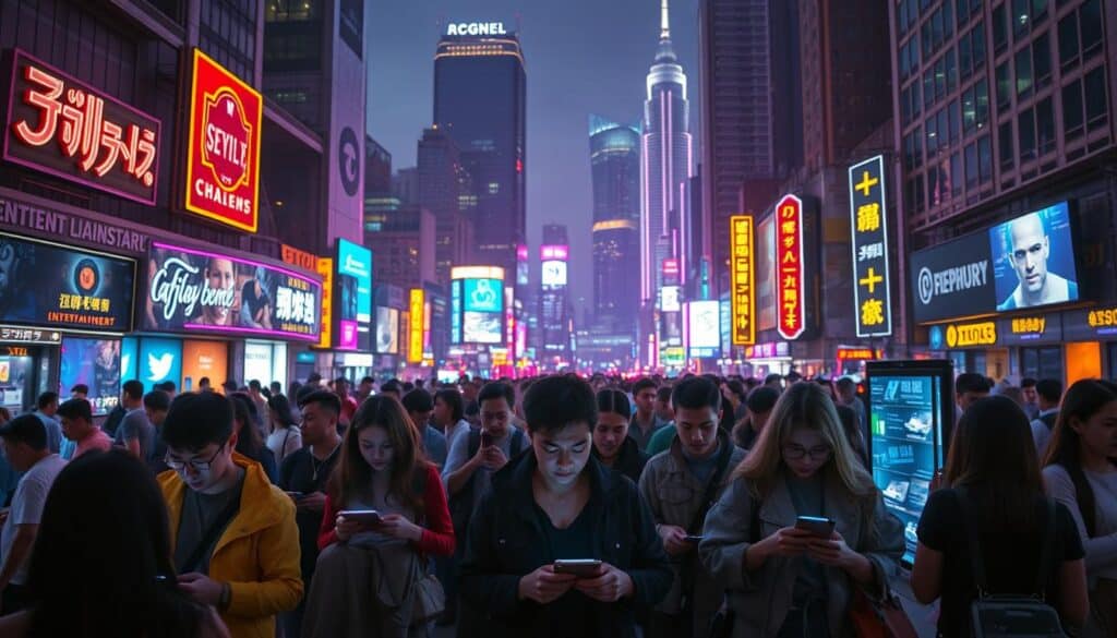 A bustling scene of modern consumer behavior, captured with a cinematic lens. In the foreground, a group of diverse individuals immersed in their digital devices, engrossed in online entertainment and gaming activities. The middle ground showcases an array of vibrant, neon-lit entertainment venues, luring in the attention of the tech-savvy crowd. The background paints a cityscape of towering skyscrapers, reflecting the growth and evolution of the digital entertainment industry. Soft, diffused lighting casts a warm, inviting glow, creating a sense of excitement and anticipation. The overall composition conveys the dynamism and rapid transformation of consumer preferences in the digital age.