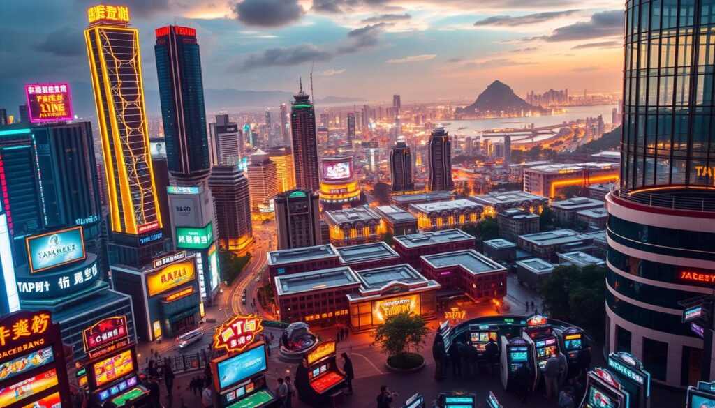 A bustling skyline of gleaming high-rise towers and neon-lit billboards, reflecting the rapid growth and development of Taiwan's thriving entertainment industry. In the foreground, a group of people eagerly engaged in lively casino games, capturing the excitement and energy of the local gaming scene. The midground features a sprawling complex of modern, state-of-the-art online gaming platforms, showcasing the cutting-edge technology and innovation driving the industry forward. In the background, a panoramic view of the island's natural beauty, underscoring the unique cultural and geographic context that has shaped Taiwan's entertainment landscape. Warm, golden lighting illuminates the scene, creating an inviting and vibrant atmosphere that captures the essence of Taiwan's evolving entertainment ecosystem.