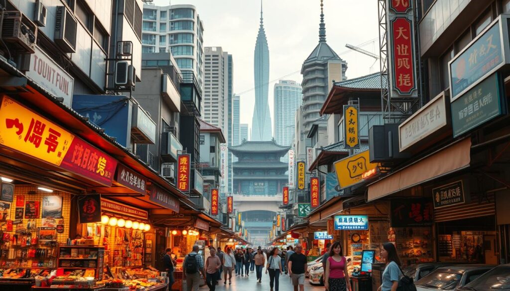A bustling urban city market, modern and vibrant, with a distinct Taiwanese flavor. In the foreground, rows of vibrant stalls and vendors showcasing a diverse array of products, from traditional handicrafts to cutting-edge gaming consoles. The middle ground features a mix of contemporary high-rise buildings and traditional architectural elements, creating a harmonious blend of old and new. The background is dominated by a towering landmark, perhaps a famous temple or landmark, symbolizing the cultural heritage of the region. The lighting is a mix of natural daylight and warm, inviting artificial illumination, casting a welcoming glow over the entire scene. The angle is slightly elevated, allowing the viewer to take in the full scope of the market's bustling energy and the city's dynamic landscape.