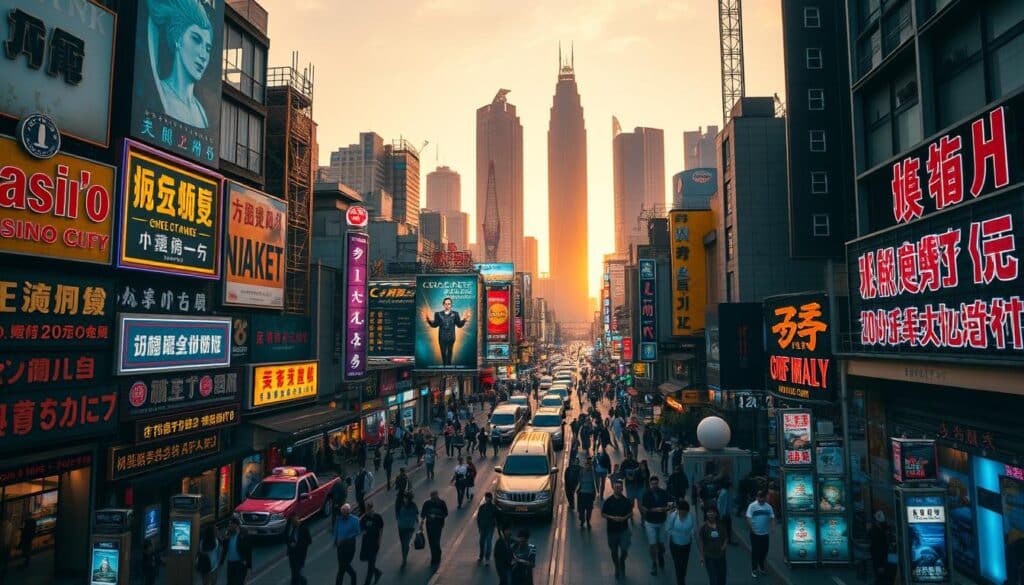 A bustling urban landscape of Taiwan's entertainment city market, bathed in warm golden-hour light. In the foreground, a vibrant array of neon signs and billboards advertising casinos, nightclubs, and other leisure attractions. The middle ground features busy pedestrian walkways and traffic, with locals and tourists mingling. In the background, towering skyscrapers and landmarks rise up, reflecting the city's dynamic energy. The scene conveys a sense of excitement, prosperity, and the thrill of the entertainment industry, captured through a cinematic wide-angle lens with a shallow depth of field.