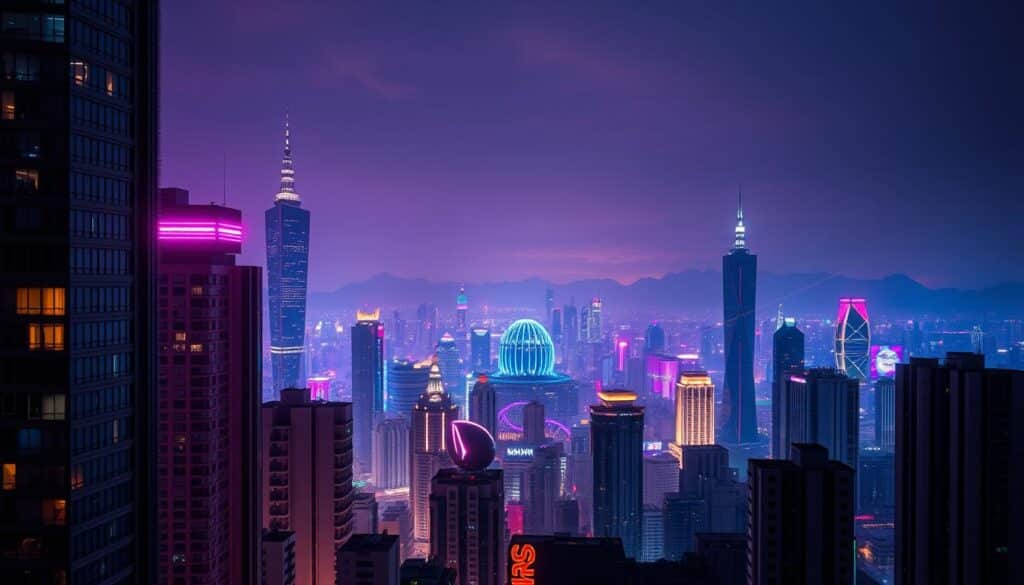 A bustling urban skyline, neon lights casting a vibrant glow over the Taiwanese capital. In the foreground, the silhouettes of high-rise buildings and skyscrapers, their windows illuminating the night. In the middle ground, a confluence of modern architecture and sleek, contemporary design, hinting at the thriving online gambling market. The background is a panoramic view of the city, with towering mountains in the distance, creating a sense of scale and grandeur. The scene is bathed in a warm, almost cinematic lighting, evoking a sense of energy and excitement. The overall atmosphere conveys the dynamic and rapidly evolving nature of Taiwan's online gambling industry.