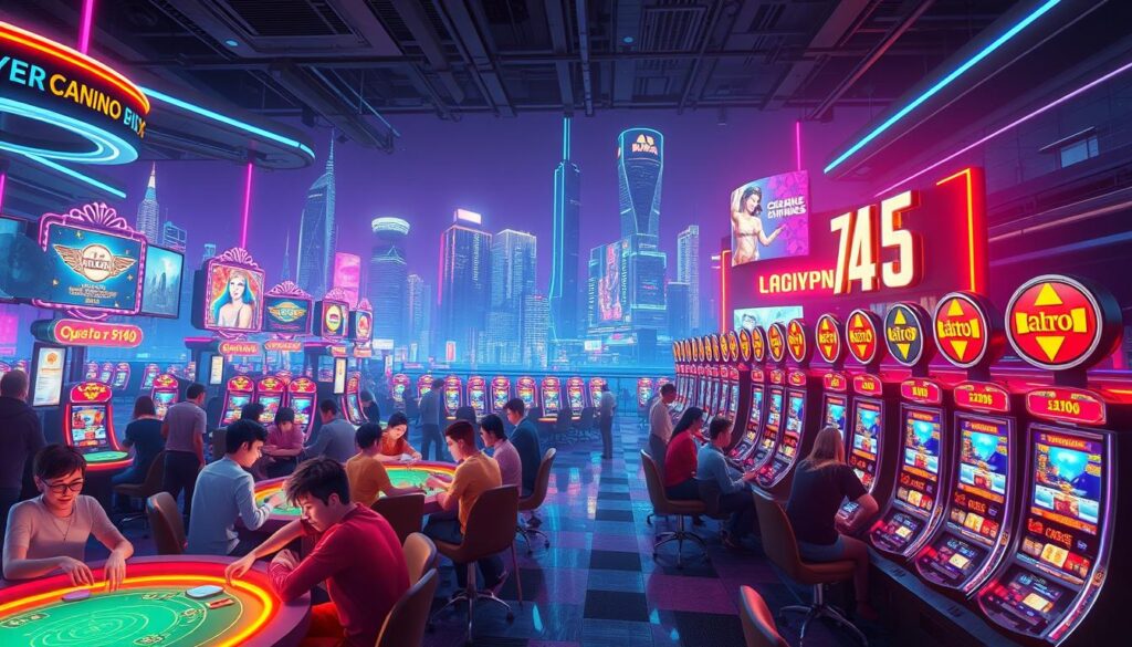 A bustling virtual casino, with glimmering neon lights casting a vibrant glow over the scene. In the foreground, a group of avatars engaged in lively table games, their animated expressions conveying the thrill of the high-stakes competition. The middle ground showcases a variety of slot machines, their screens flashing with dazzling visuals and tempting jackpot values. In the background, a sleek, futuristic skyline of towering skyscrapers and holographic billboards creates a sense of technological sophistication, hinting at the sophisticated nature of this online entertainment hub. The overall atmosphere is one of excitement, innovation, and the promise of digital fortunes waiting to be won.