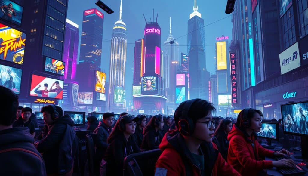 A bustling virtual gaming arena, with players immersed in a dynamic, visually striking experience. In the foreground, a group of gamers intently engaged, their expressions reflecting the thrill of the gameplay. The middle ground showcases cutting-edge gaming setups, sleek and modern, enhancing the overall immersion. In the background, a vibrant cityscape with towering skyscrapers and neon-lit billboards, creating a futuristic, technologically advanced atmosphere. Crisp, high-definition lighting illuminates the scene, casting dramatic shadows and highlighting the excitement of the gaming experience. An energizing, captivating atmosphere that elevates the senses and inspires a new level of gaming enjoyment.