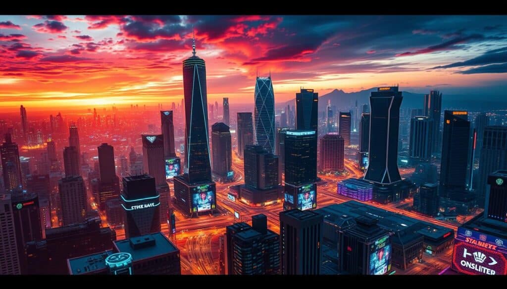 A captivating cityscape, the gleaming towers of an entertainment district rise against a vibrant skyline. In the foreground, strategic planning unfolds - teams of analysts poring over data, algorithms crunching numbers, unlocking the secrets of customer behavior. The middle ground reveals the intricate interplay of cutting-edge technology - servers humming, algorithms optimizing, platforms seamlessly integrating. In the background, the bustling energy of the city pulsates, where entertainment and innovation converge, creating an irresistible synergy. Dramatic lighting casts dramatic shadows, heightening the sense of dynamism and purpose. This is the fusion of strategy and technology, elevating the entertainment experience to new heights.
