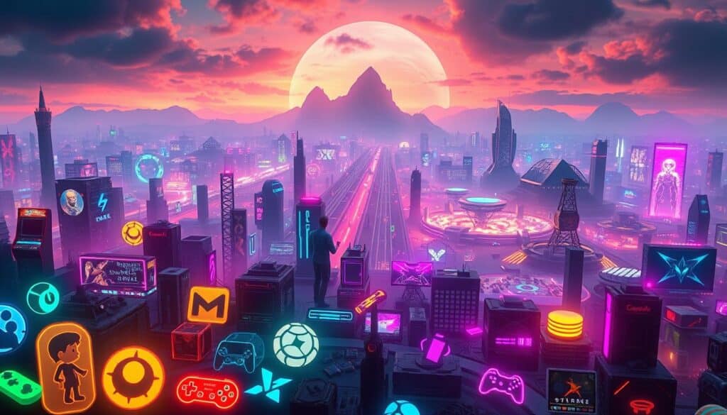 A captivating digital landscape showcasing a diverse array of popular gaming genres. In the foreground, vibrant icons representing classic arcade, role-playing, and strategy games. The middle ground features immersive first-person shooters and massively multiplayer online experiences, with sleek user interfaces and dynamic gameplay. In the background, a cinematic vista of open-world adventures and sandbox simulations, bathed in a warm, futuristic glow. The scene conveys the breadth and depth of the modern gaming industry, inviting the viewer to explore the evolving trends and experiences that define the mainstream gaming landscape.