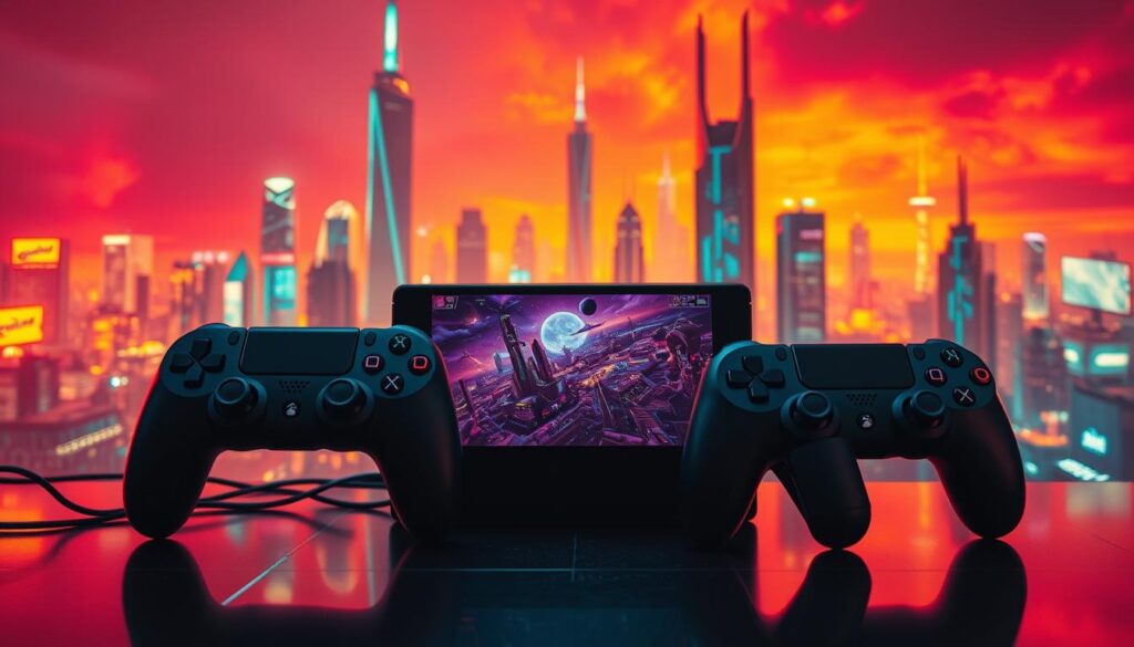 A captivating electronic gaming platform against a vibrant backdrop. In the foreground, sleek gaming consoles and controllers are meticulously detailed, emanating a sense of technological sophistication. The middle ground showcases a variety of immersive virtual environments, with dynamic visuals and captivating gameplay elements. In the background, a futuristic cityscape with towering skyscrapers and neon-lit landscapes sets the stage for the platform's cutting-edge innovations. Warm, saturated lighting casts a captivating glow, evoking a sense of excitement and exploration. The overall composition conveys the evolution and creative potential of the electronic gaming industry.