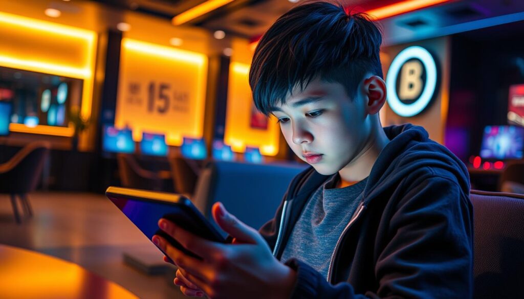 A captivating image of "新手必看" for a section on how to quickly get started with online gambling. Set in a sleek, modern gaming lounge, the scene depicts a young player intently focused on a tablet device, their face illuminated by the screen's glow. The background features a tasteful blend of warm lighting, minimalist furniture, and subtle gaming-themed decor, creating an inviting and accessible atmosphere. The composition emphasizes the simplicity and ease of the gaming experience, with a touch of sophistication to appeal to a discerning audience. The image's overall tone is one of guidance and empowerment, inspiring confidence in newcomers to the world of online entertainment.