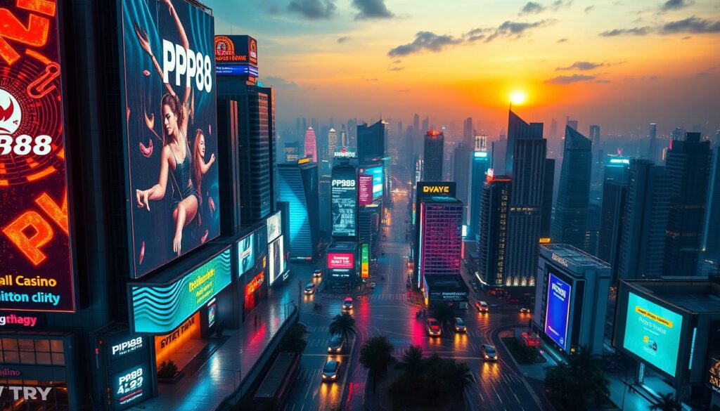 A captivating neon-lit cityscape at night, showcasing the vibrant online presence of PP88 Entertainment City. In the foreground, a towering digital billboard displays the casino's bold branding, its luminous graphics reflected in the rain-soaked streets below. In the middle ground, a bustling metropolis of skyscrapers and neon-adorned high-rises, each one a testament to the casino's strategic SEO dominance. In the background, a hazy skyline painted with the warm glow of a setting sun, hinting at the casino's unparalleled online visibility and reach. The scene is captured through a cinematic wide-angle lens, emphasizing the grand scale and technological prowess of PP88's digital marketing prowess.