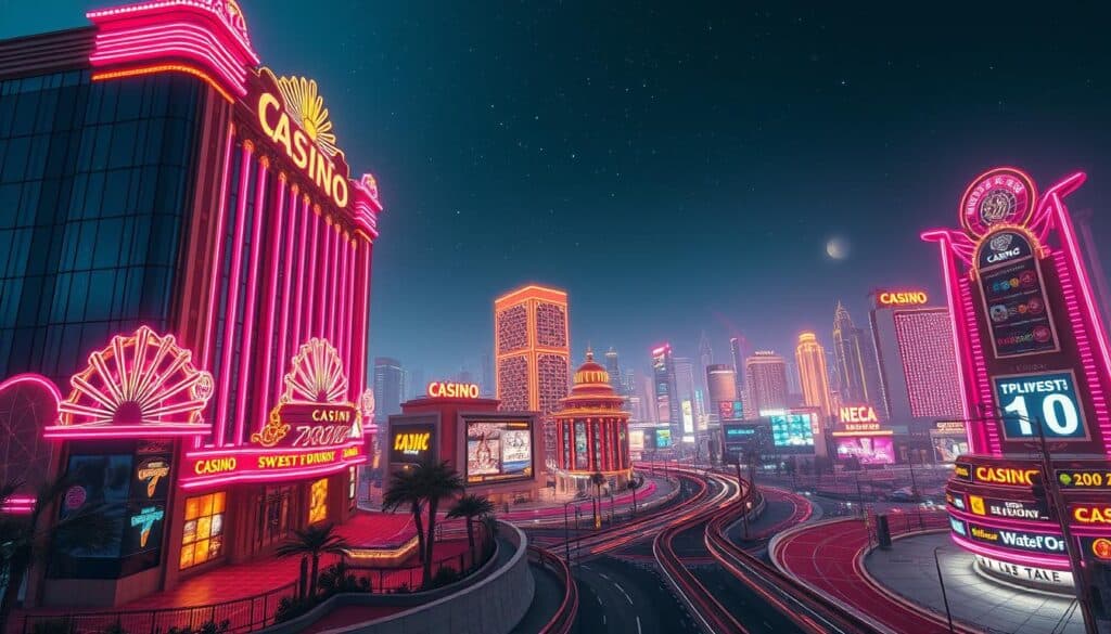 A captivating online casino landscape, showcasing a vibrant array of popular gaming platforms. In the foreground, a sleek and modern casino facade stands tall, its neon-lit signage and ornate architectural details drawing the viewer's gaze. The midground reveals a bustling city skyline, with high-rise buildings and a lively nighttime atmosphere. The background depicts a serene, starry sky, creating a sense of grandeur and sophistication. The overall scene conveys a thrilling and immersive entertainment experience, perfectly encapsulating the essence of the "娛樂城網站大全" section. Crisp, high-resolution details, with a cinematic lighting setup and a wide-angle lens to capture the full scope of the gaming landscape.