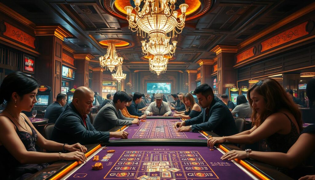A captivating scene of a thriving casino gaming experience. In the foreground, a sleek, modern gaming table is illuminated by warm, ambient lighting, inviting players to engage in strategic gameplay. In the middle ground, a diverse group of players, each with a unique expression of concentration and excitement, immerse themselves in the dynamic flow of the game. The background showcases the opulent decor of the casino, with ornate chandeliers, rich textures, and a sense of elegance that permeates the atmosphere. The overall composition conveys a balance of skill, chance, and the thrill of the gaming experience, capturing the essence of "娛樂城遊戲技巧" in a visually captivating way.