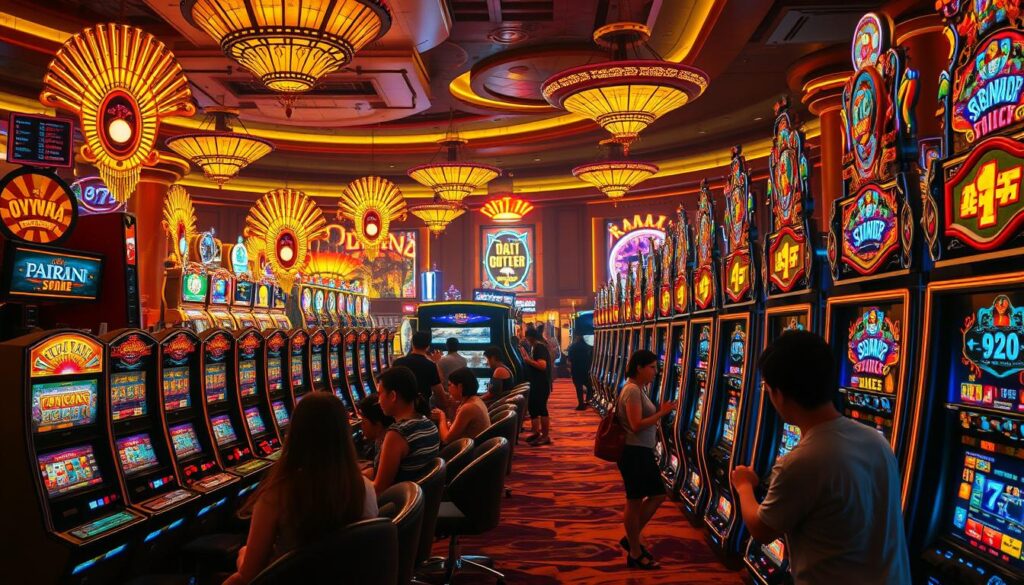 A captivating scene of a vibrant casino gaming floor, the centerpiece being a spectacular, gleaming bank of slot machines. The machines are adorned with brilliant, flashing lights and intricate, colorful designs, creating an irresistible visual allure. The floor is bustling with activity, with players eagerly pulling levers and watching the reels spin, anticipation palpable in the air. Soft, warm lighting casts a golden glow, enhancing the luxurious ambiance. The composition emphasizes the sheer variety and dynamism of the casino's gaming options, inviting the viewer to imagine the endless possibilities for entertainment and thrills. A stunning, high-fidelity depiction of the vibrant, diverse world of Macau's casino gaming landscape.